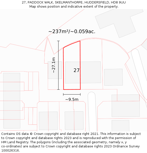 27, PADDOCK WALK, SKELMANTHORPE, HUDDERSFIELD, HD8 9UU: Plot and title map