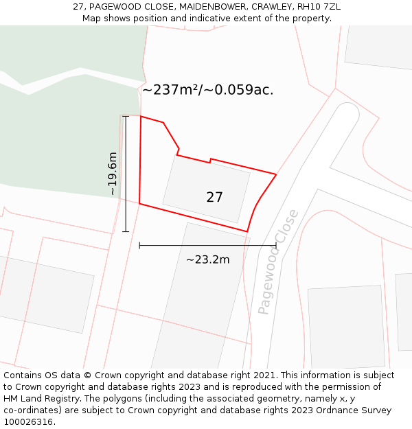 27, PAGEWOOD CLOSE, MAIDENBOWER, CRAWLEY, RH10 7ZL: Plot and title map