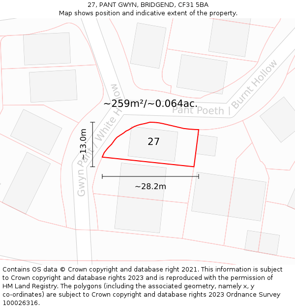 27, PANT GWYN, BRIDGEND, CF31 5BA: Plot and title map