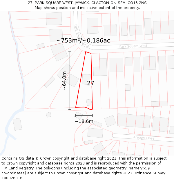 27, PARK SQUARE WEST, JAYWICK, CLACTON-ON-SEA, CO15 2NS: Plot and title map