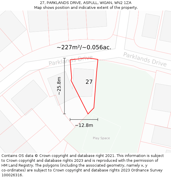27, PARKLANDS DRIVE, ASPULL, WIGAN, WN2 1ZA: Plot and title map