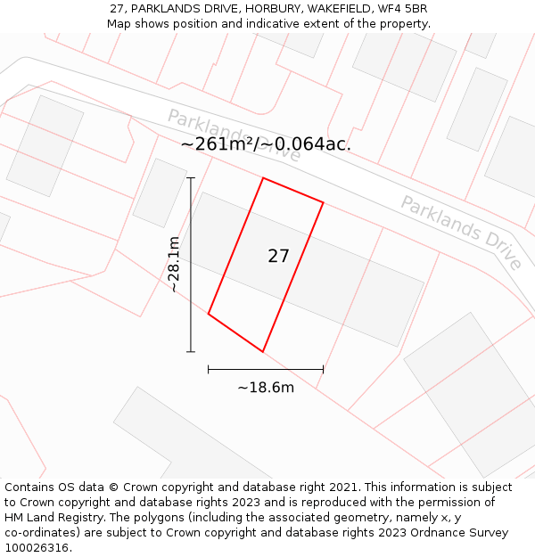 27, PARKLANDS DRIVE, HORBURY, WAKEFIELD, WF4 5BR: Plot and title map