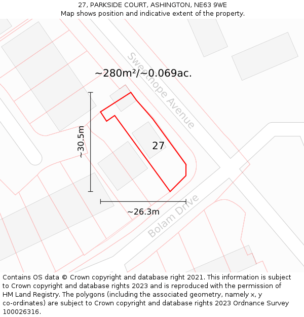 27, PARKSIDE COURT, ASHINGTON, NE63 9WE: Plot and title map