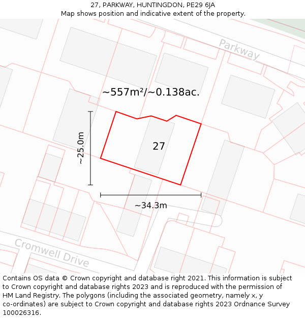 27, PARKWAY, HUNTINGDON, PE29 6JA: Plot and title map