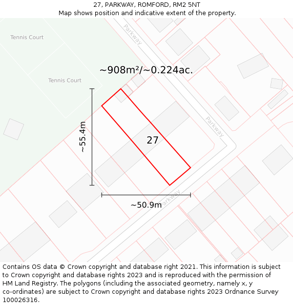 27, PARKWAY, ROMFORD, RM2 5NT: Plot and title map