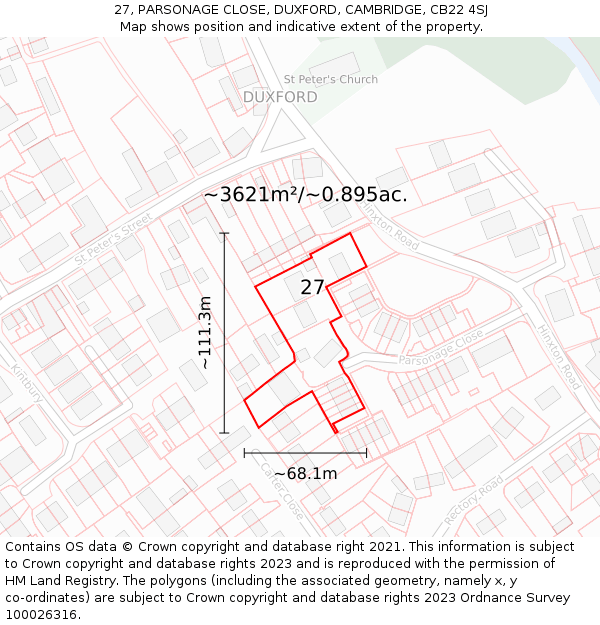 27, PARSONAGE CLOSE, DUXFORD, CAMBRIDGE, CB22 4SJ: Plot and title map