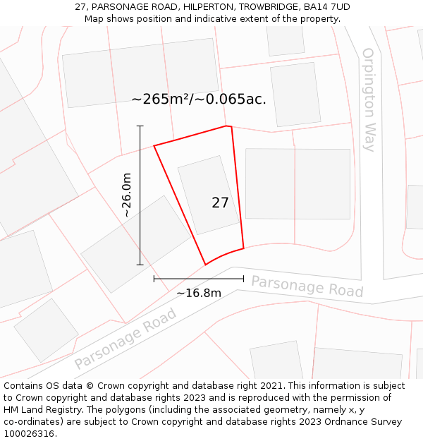 27, PARSONAGE ROAD, HILPERTON, TROWBRIDGE, BA14 7UD: Plot and title map