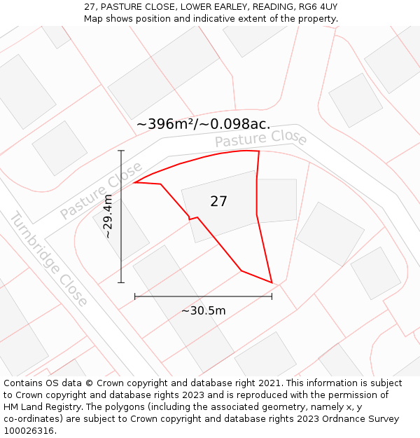 27, PASTURE CLOSE, LOWER EARLEY, READING, RG6 4UY: Plot and title map