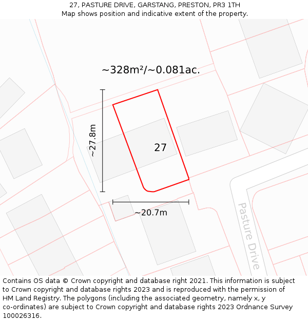 27, PASTURE DRIVE, GARSTANG, PRESTON, PR3 1TH: Plot and title map