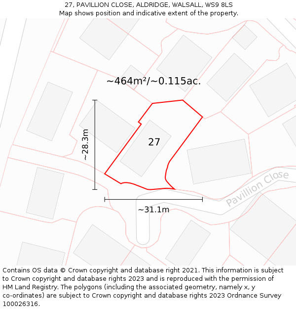 27, PAVILLION CLOSE, ALDRIDGE, WALSALL, WS9 8LS: Plot and title map