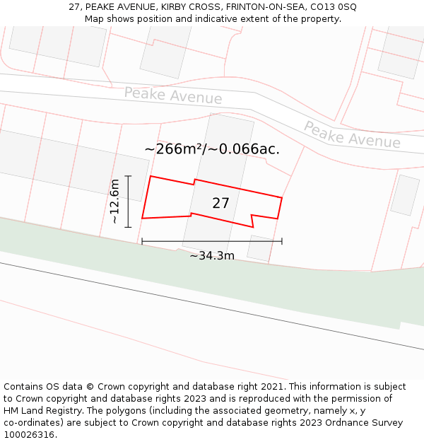 27, PEAKE AVENUE, KIRBY CROSS, FRINTON-ON-SEA, CO13 0SQ: Plot and title map