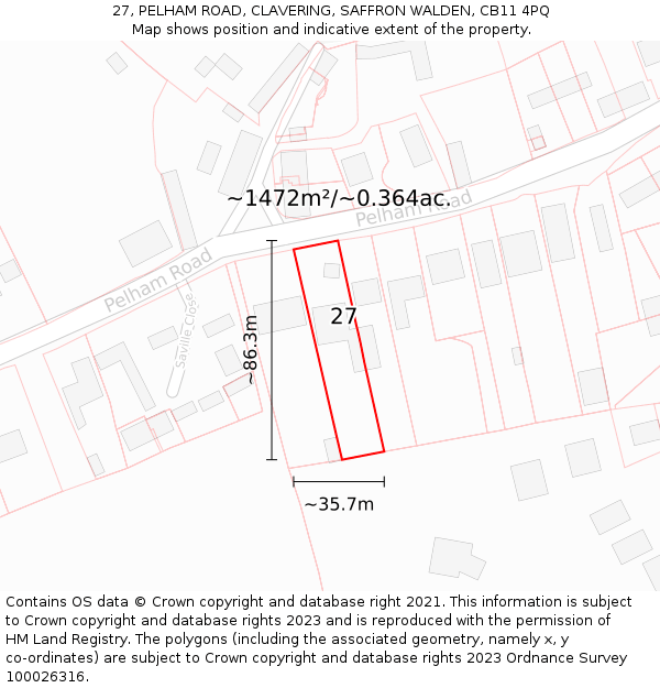 27, PELHAM ROAD, CLAVERING, SAFFRON WALDEN, CB11 4PQ: Plot and title map