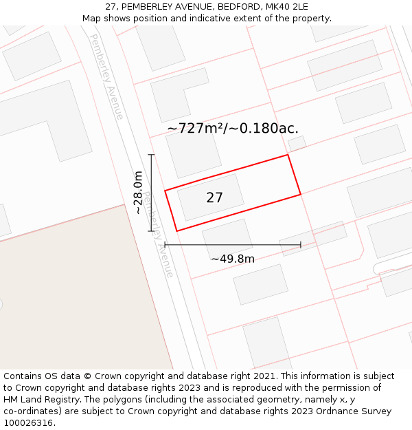 27, PEMBERLEY AVENUE, BEDFORD, MK40 2LE: Plot and title map
