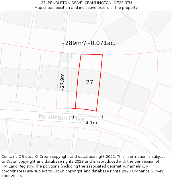27, PENDLETON DRIVE, CRAMLINGTON, NE23 3TU: Plot and title map