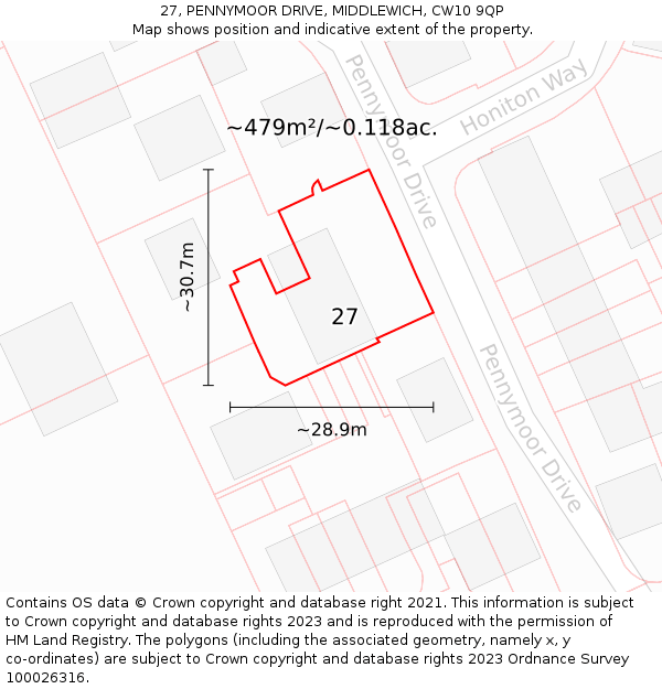 27, PENNYMOOR DRIVE, MIDDLEWICH, CW10 9QP: Plot and title map