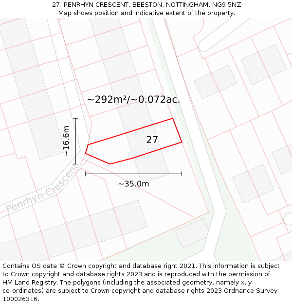 27, PENRHYN CRESCENT, BEESTON, NOTTINGHAM, NG9 5NZ: Plot and title map