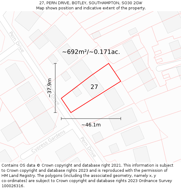 27, PERN DRIVE, BOTLEY, SOUTHAMPTON, SO30 2GW: Plot and title map