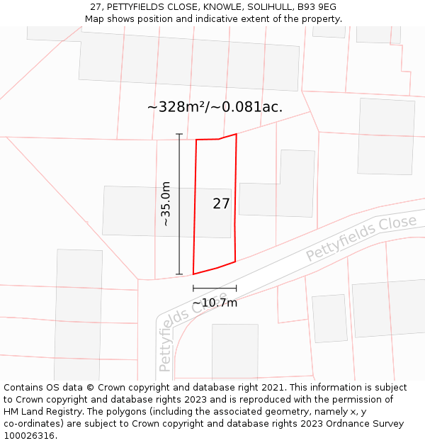 27, PETTYFIELDS CLOSE, KNOWLE, SOLIHULL, B93 9EG: Plot and title map
