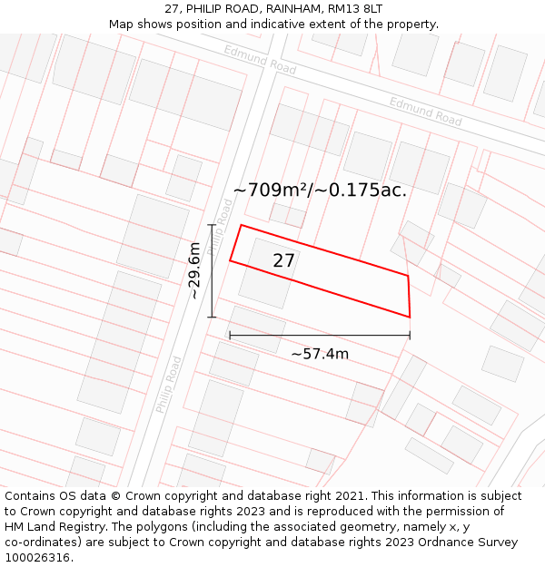 27, PHILIP ROAD, RAINHAM, RM13 8LT: Plot and title map