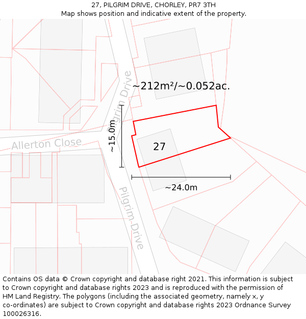 27, PILGRIM DRIVE, CHORLEY, PR7 3TH: Plot and title map
