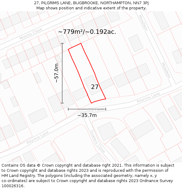 27, PILGRIMS LANE, BUGBROOKE, NORTHAMPTON, NN7 3PJ: Plot and title map