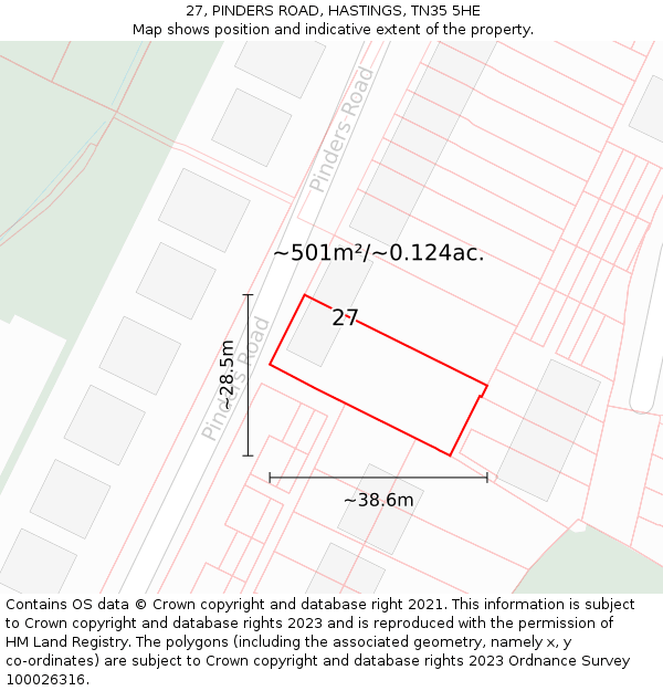 27, PINDERS ROAD, HASTINGS, TN35 5HE: Plot and title map