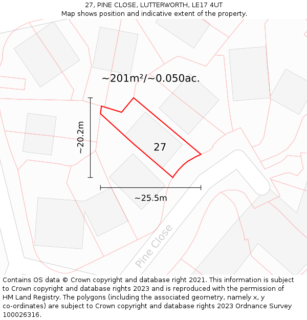27, PINE CLOSE, LUTTERWORTH, LE17 4UT: Plot and title map