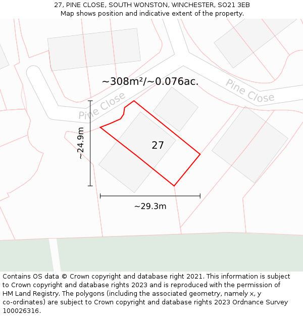 27, PINE CLOSE, SOUTH WONSTON, WINCHESTER, SO21 3EB: Plot and title map
