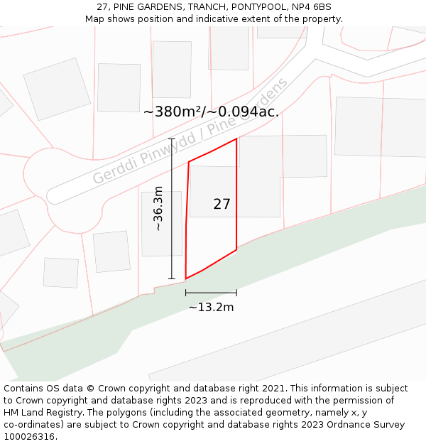27, PINE GARDENS, TRANCH, PONTYPOOL, NP4 6BS: Plot and title map