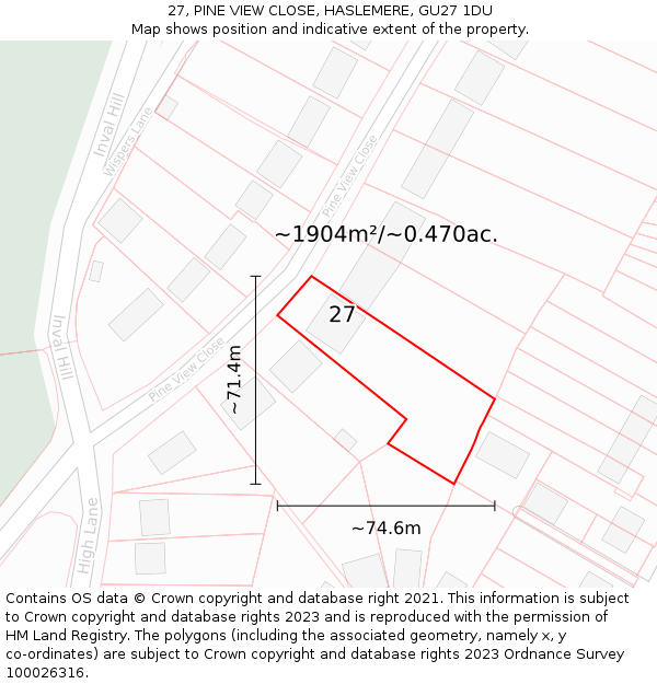 27, PINE VIEW CLOSE, HASLEMERE, GU27 1DU: Plot and title map
