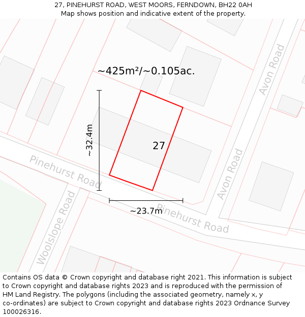27, PINEHURST ROAD, WEST MOORS, FERNDOWN, BH22 0AH: Plot and title map