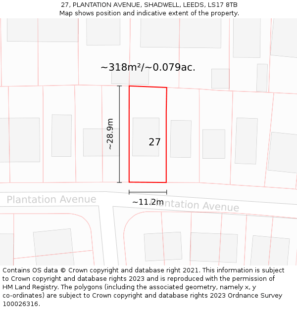 27, PLANTATION AVENUE, SHADWELL, LEEDS, LS17 8TB: Plot and title map