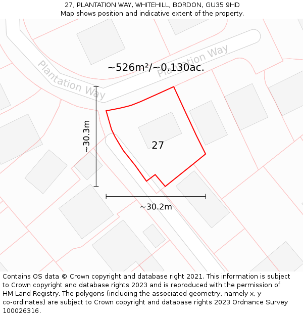 27, PLANTATION WAY, WHITEHILL, BORDON, GU35 9HD: Plot and title map
