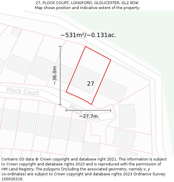 27, PLOCK COURT, LONGFORD, GLOUCESTER, GL2 9DW: Plot and title map