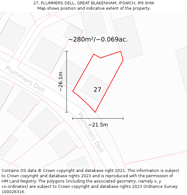 27, PLUMMERS DELL, GREAT BLAKENHAM, IPSWICH, IP6 0HW: Plot and title map