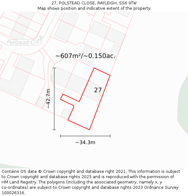 27, POLSTEAD CLOSE, RAYLEIGH, SS6 9TW: Plot and title map