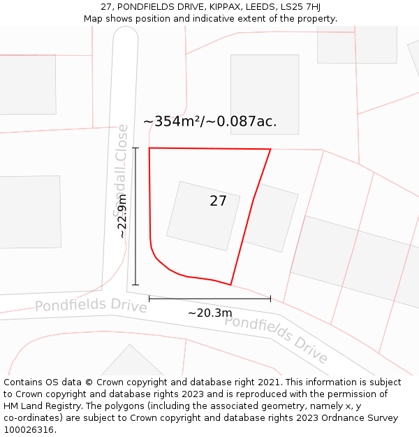 27, PONDFIELDS DRIVE, KIPPAX, LEEDS, LS25 7HJ: Plot and title map