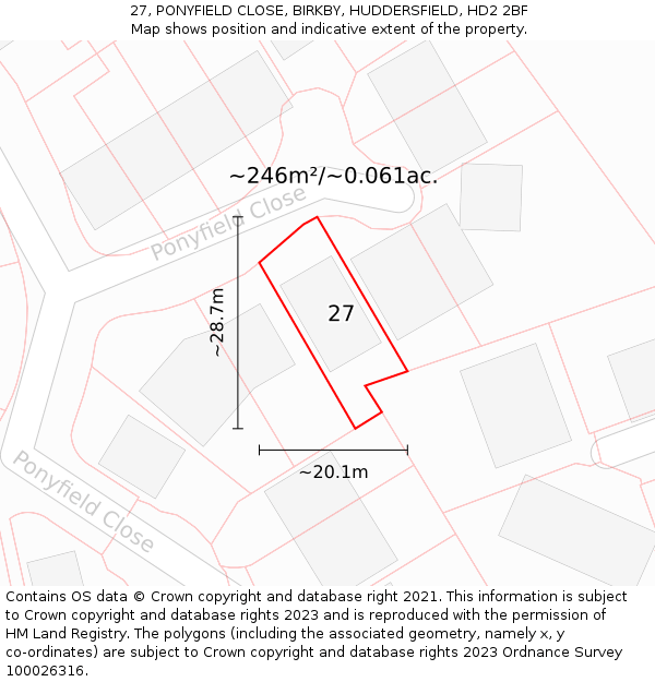27, PONYFIELD CLOSE, BIRKBY, HUDDERSFIELD, HD2 2BF: Plot and title map