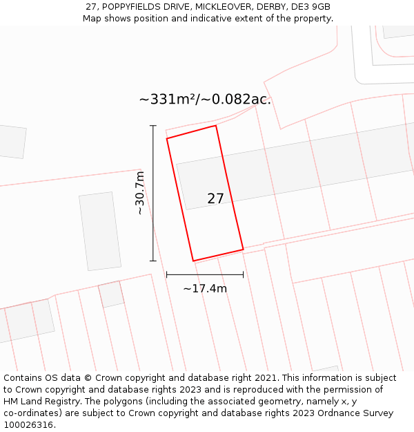 27, POPPYFIELDS DRIVE, MICKLEOVER, DERBY, DE3 9GB: Plot and title map