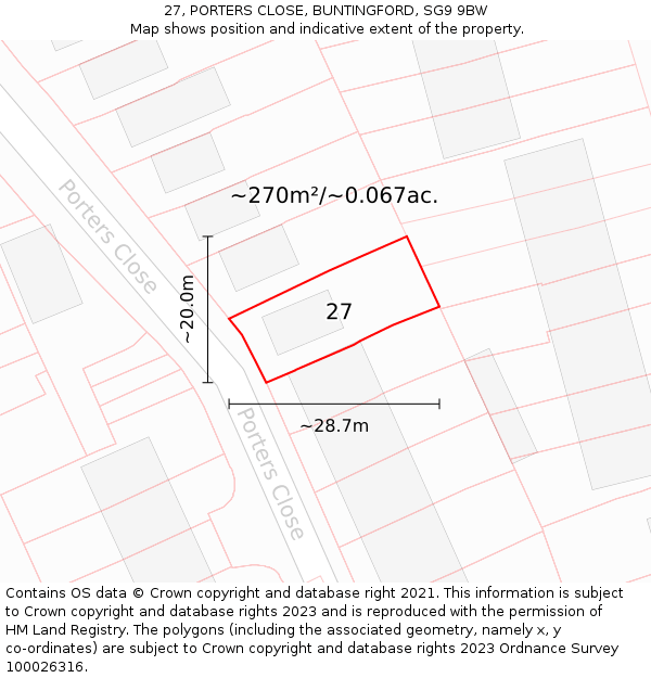 27, PORTERS CLOSE, BUNTINGFORD, SG9 9BW: Plot and title map