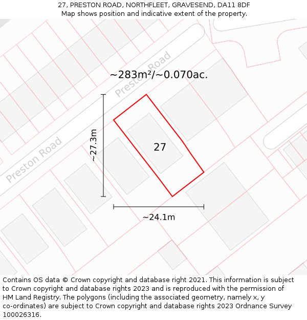 27, PRESTON ROAD, NORTHFLEET, GRAVESEND, DA11 8DF: Plot and title map