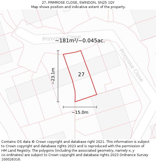 27, PRIMROSE CLOSE, SWINDON, SN25 1QY: Plot and title map