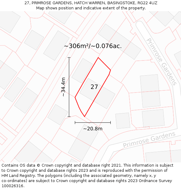 27, PRIMROSE GARDENS, HATCH WARREN, BASINGSTOKE, RG22 4UZ: Plot and title map