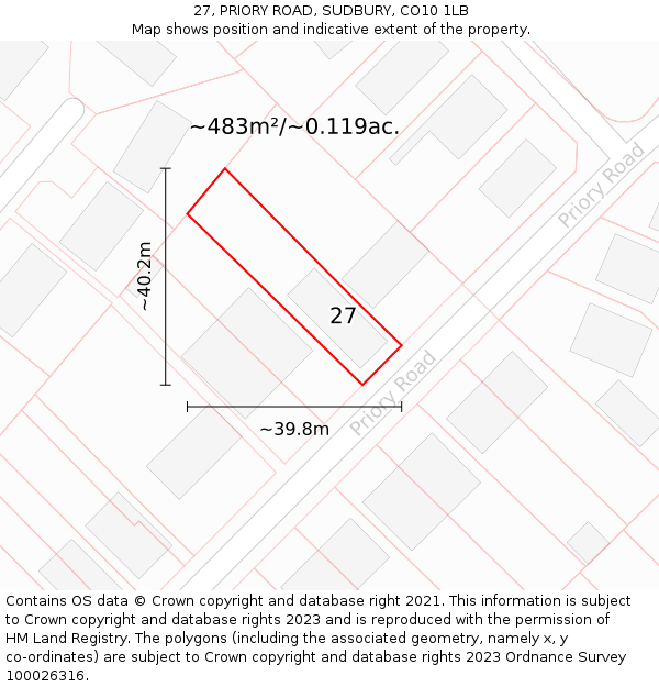27, PRIORY ROAD, SUDBURY, CO10 1LB: Plot and title map