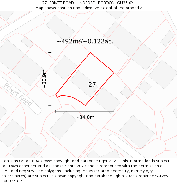 27, PRIVET ROAD, LINDFORD, BORDON, GU35 0YL: Plot and title map