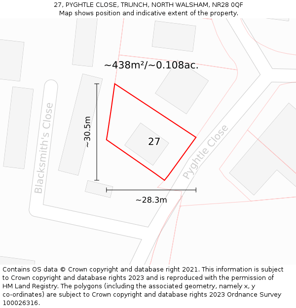 27, PYGHTLE CLOSE, TRUNCH, NORTH WALSHAM, NR28 0QF: Plot and title map
