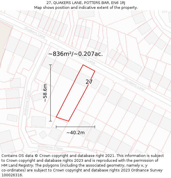 27, QUAKERS LANE, POTTERS BAR, EN6 1RJ: Plot and title map