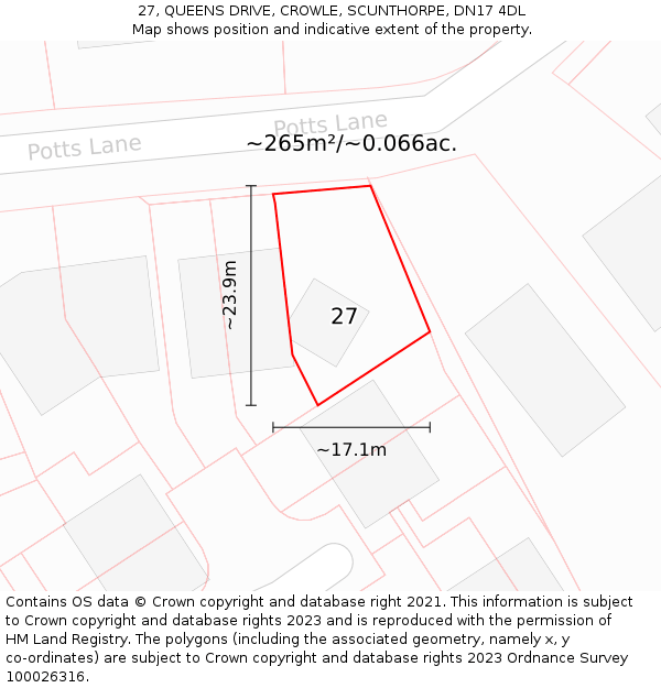 27, QUEENS DRIVE, CROWLE, SCUNTHORPE, DN17 4DL: Plot and title map