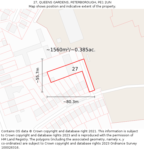 27, QUEENS GARDENS, PETERBOROUGH, PE1 2UN: Plot and title map