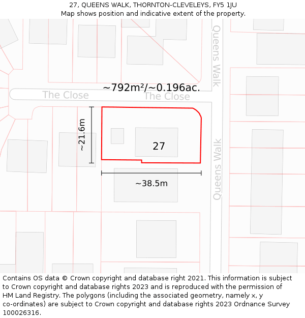 27, QUEENS WALK, THORNTON-CLEVELEYS, FY5 1JU: Plot and title map